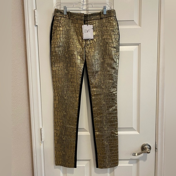 Diane Von Furstenberg Gold Embossed / Black Mary Metallic Pants Size 4 NWT - Picture 3 of 16